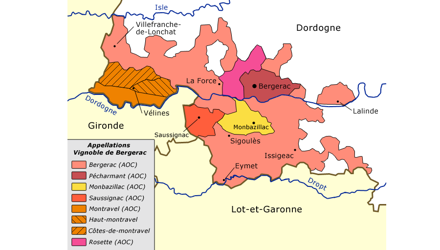 Karte von Bergerac mit Appellationen (wie z. B. Montravel)