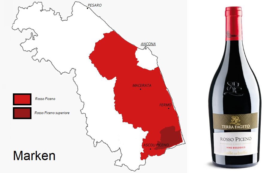 Rosso Piceno - Karte von Marken und Rosso Piceno Flasche