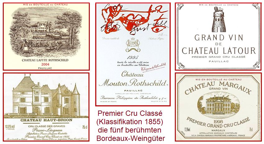 Bordeaux-Klassifizierung 1855 - die Etiketten der 5 Premier Cru Classé