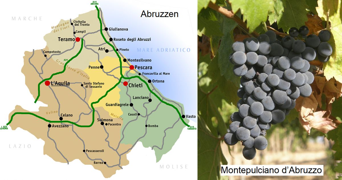 Abruzzen - Landkarte und Montepulciano-Traube