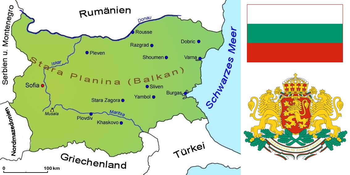 Bulgarien - Landkarte, Flagge und Wappen