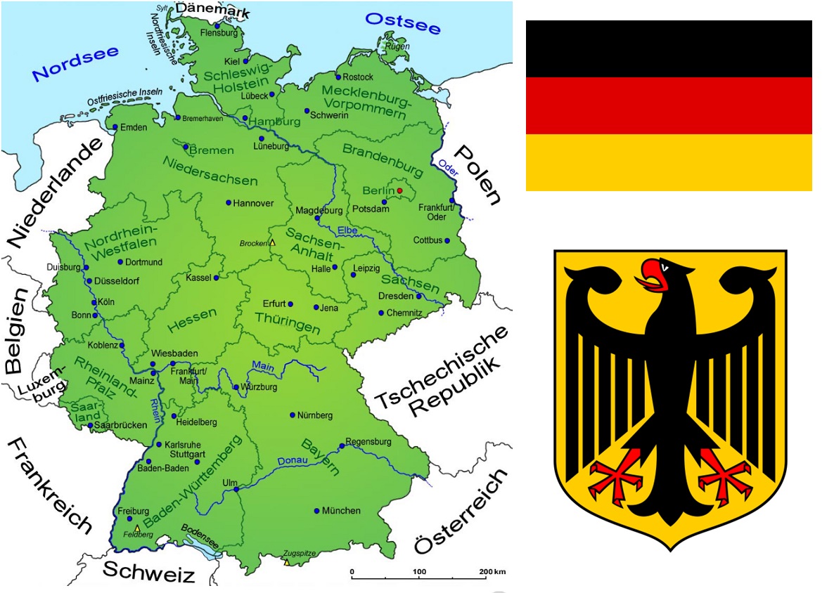 Deutsc hland - Landkarte, Flagge und Wappen