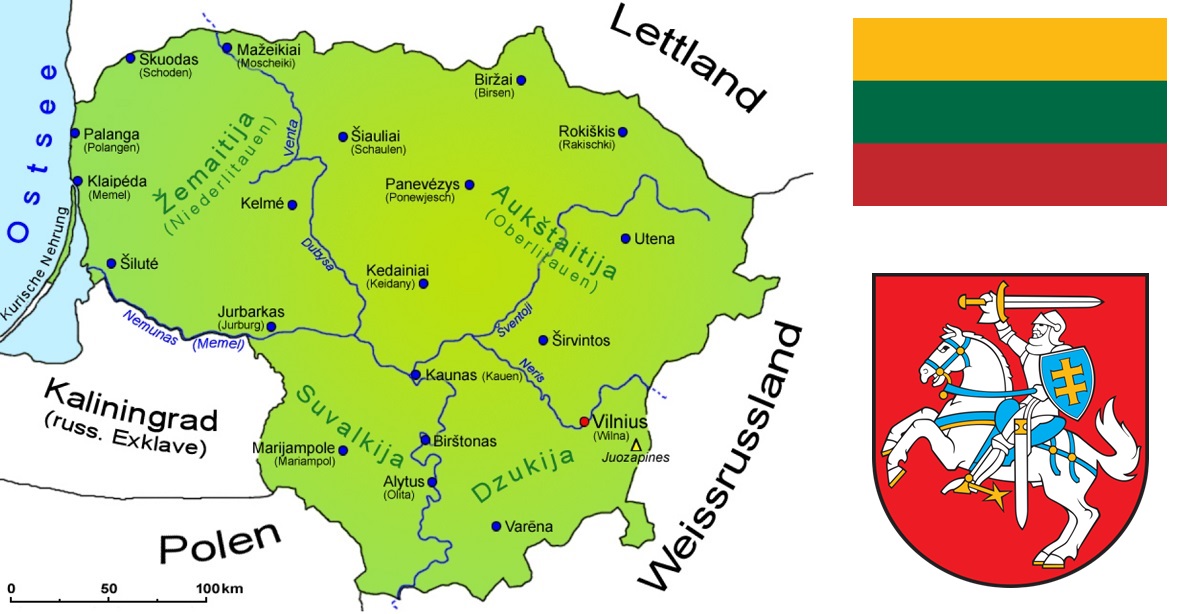 Litauen - Landkarte, Flagge, Wappen