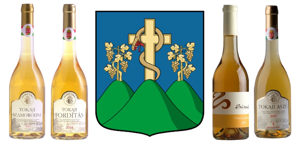 Tokajer - 4 Flaschen und Wappen von Tokaj